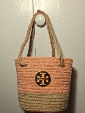 Upcycle Tory Burch Peach and Natural Rope Tote with Gold Logo